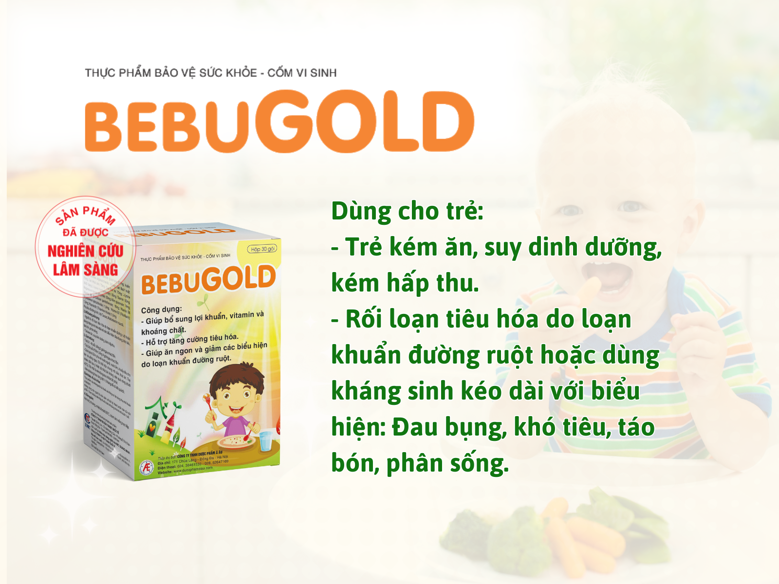 Cốm vi sinh Bebugold giúp giảm đau bụng, chướng bụng, khó tiêu